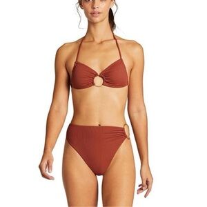 Vitamin A Ribbed Ring-Detail Bikini Set in henna